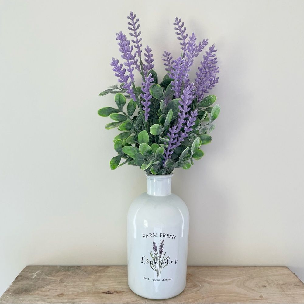 Handmade Artificial Lavender Arrangement in Glass Vase Faux Floral Decor